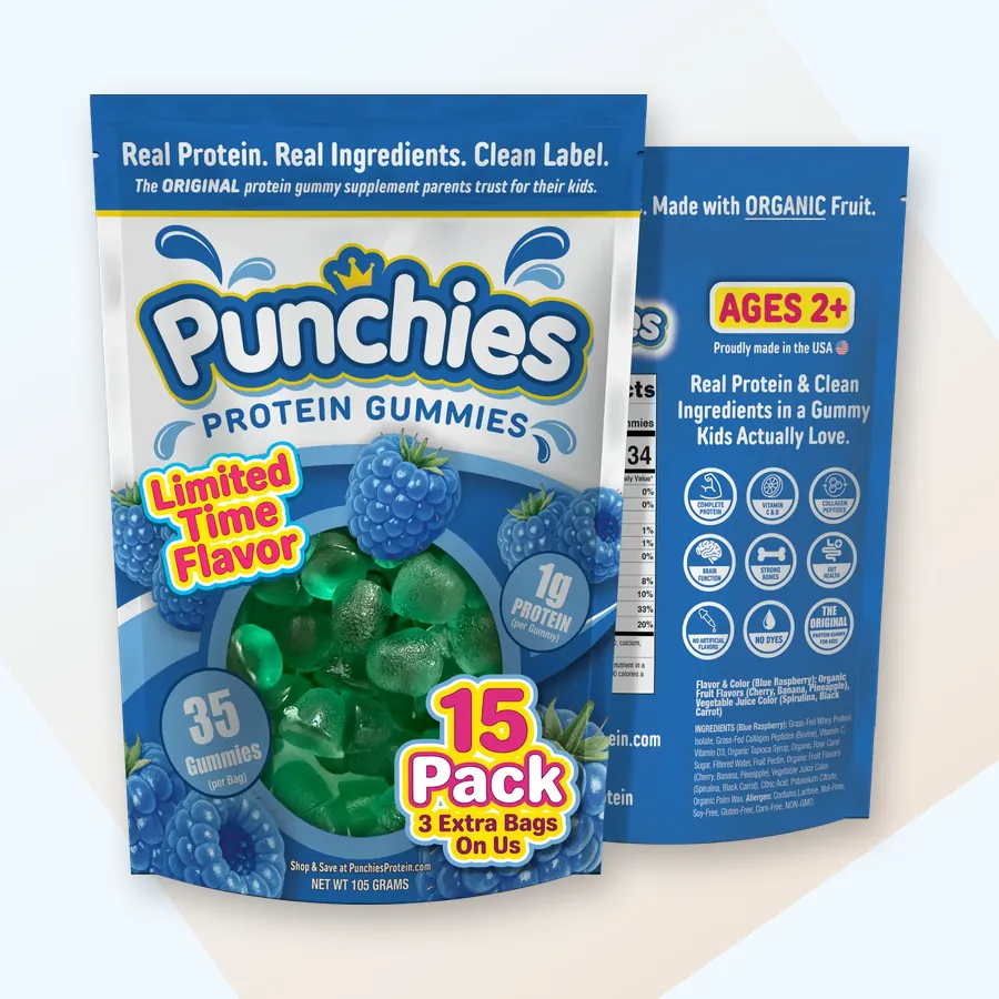 Kids protein shake: Punchies blue raspberry (limited flavor) protein gummies, 15-bag pack