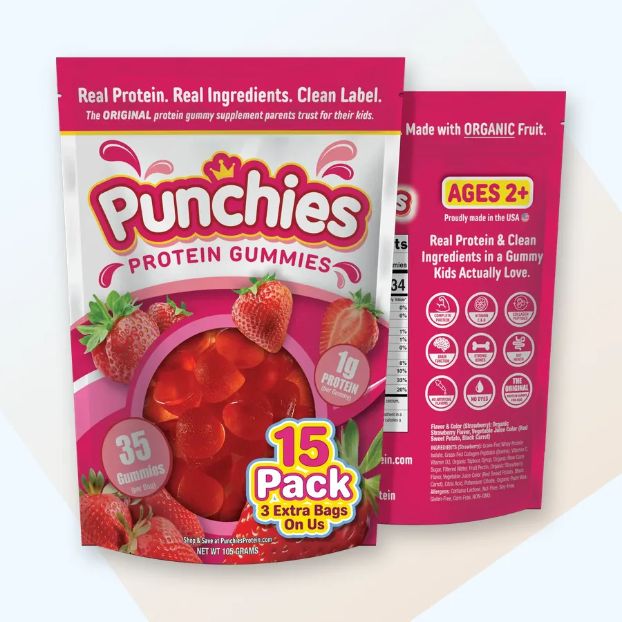 Kids protein shake: Punchies strawberry protein gummies, 15-bag pack