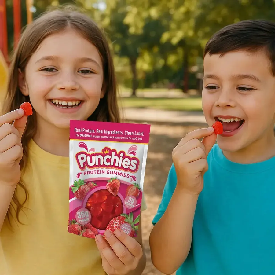 Kids protein shake: two kids snacking on Punchies protein gummies