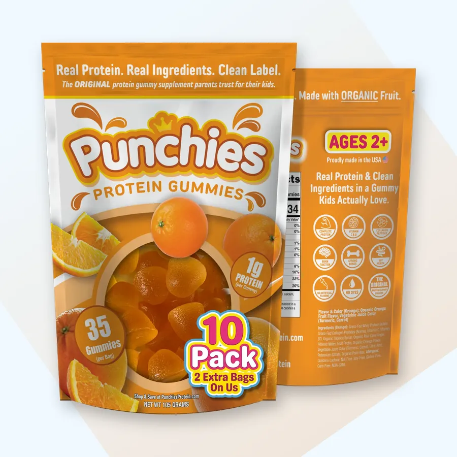Kids protein shake: Punchies orange protein gummies, 10-bag pack