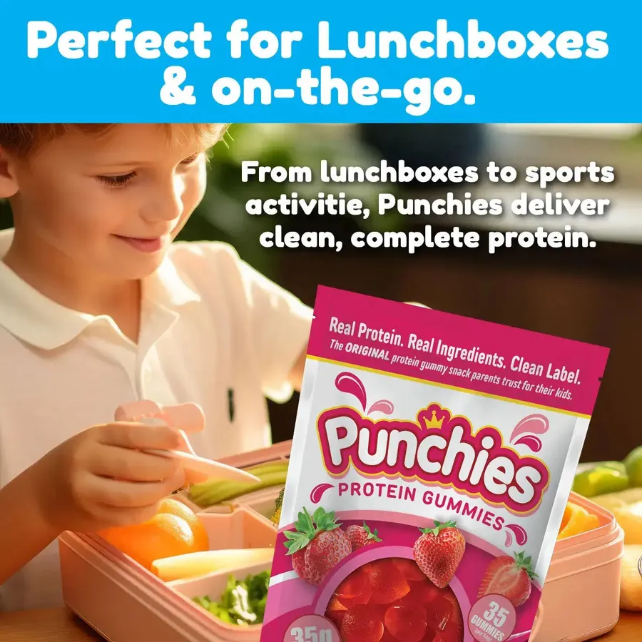 Kids protein shake: Punchies protein gummies packed for lunchboxes and on-the-go snacks